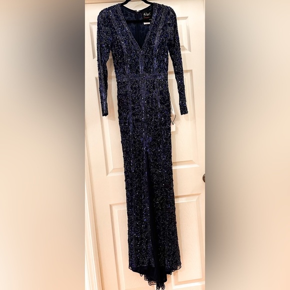 Mac Duggal 5002 Embellished Front Slit Long Sleeve Gown Midnight Blue sz 4 - Picture 4 of 10